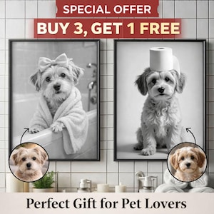 Funny Bathroom Pet Portrait, Dog in Bathrobe Wall Art, Unique Bathroom Decor Gift