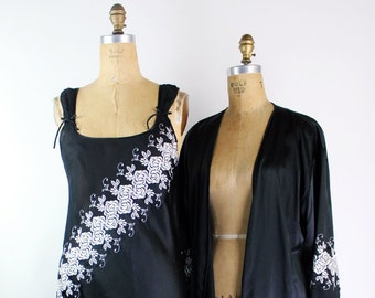 80s Cinema Etoile Two Piece Black and White Set / Vintage Lingerie / Peignoir / Vintage Robe / Vintage Black Slip /