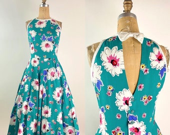 80s Floral Lanz Dress / 80s Open Back Dress / Vintage Summer Dress / Full skirt Dress/ Lanz Originals/ Size S/M