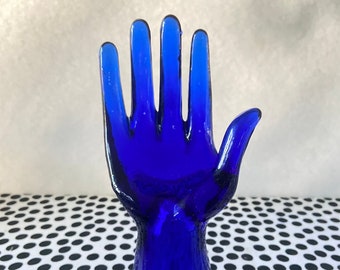 Vintage Cobalt Blue Glass Hand /  Hand Ring Display / Cobalt Glass Hand Jewelry Display / Ring Holder / Free US Shipping