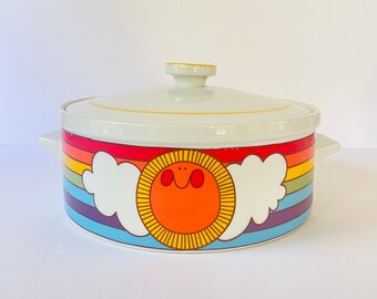 80s Rainbow, Clouds and Sun Lidded Casserole / Serving Cooking Pot/ Serving Dish/ Free Domestic Shipping