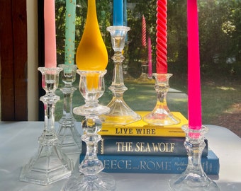Vintage Set of 6 Clear Crystal Candle holders / Vintage Glass Candlesticks Set / Wedding Glass Taper Candlestick Holders /