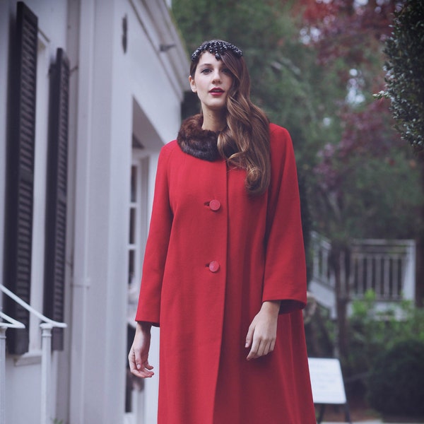 60's Lady in Red / Cashmere Mink Collar Coat. Fur Collar Coat. Red Swing Coat. 1960 Coat. 60s Winter Coat