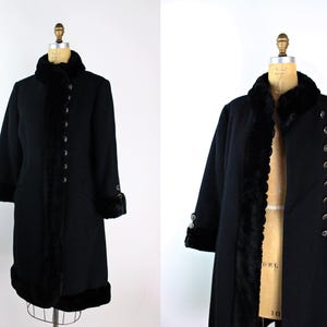 60s Black Princess Wool Coat / Russian Style Princess Coat / Faux Fur Collar Coat / Mod Coat / 60s Military Coat / Vintage Lord and Taylor
