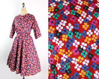 80s Pink Colorful Floral Dress / 1980s Hot Pink Dress / 80s Cotton Dress / 80s Does 50s Dress / Cotton Summer Dress / Size M/L/ XL