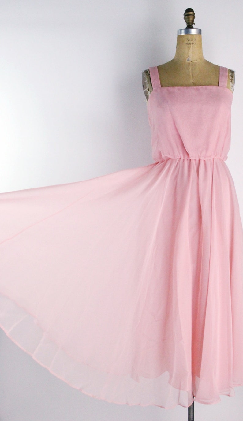 70s Pink Flowy Dress / Pink Midi Dress / Pink Party Maxi Dress / Pink Rose Dress / Pink Wedding Dress / Vintage Cocktail Dress Size M/L image 3