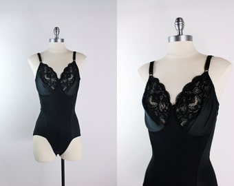 80s Olga Black Bodysuit Form Fitting / Vintage Olga bodysuit / Black Lace Bodysuit / Size 38D