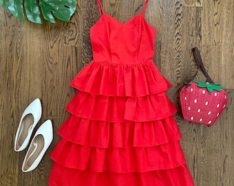 80s Red Ruffles Dress / 70s Cupcake Dress / Party Dress / Vintage Prom Dress / Size XXS