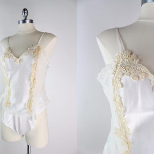 80s White Silky Satin Two Piece Set/ Coquette / Wedding Bridal Lingerie / 1980s Lingerie/ Vintage Cami / High Waisted panty / Size S/M