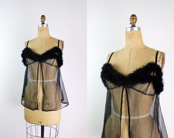 80s Black Feathers Sheer Camisole /Black Lingerie Top / Black Marabou Top / Marabou Lingerie / Black Marabou Sheer camisole / Size S/M