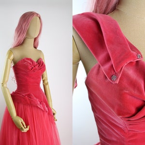 50s Red/Pink Cupcake Gown / Velvet Prom Dress / 50s Party Dress / Vintage Evening Gown /Size xxs.xs / FREE US SHIPPING image 4