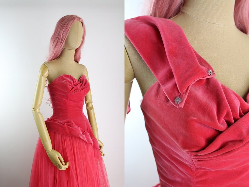 50s Red/Pink Cupcake Gown / Velvet Prom Dress / 50s Party Dress / Vintage Evening Gown /Size xxs.xs / FREE US SHIPPING image 4