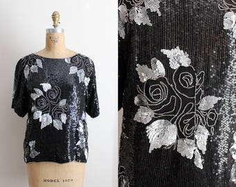 Vintage 80s Sequin Floral Top / Black and Silver Beaded Blouse / Art Deco Party Top /Silk Blouse / Size S/M