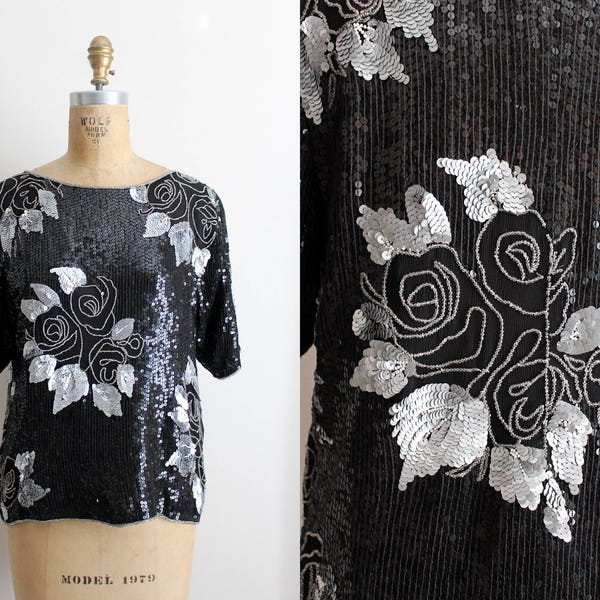 Vintage 80s Sequin Floral Top / Black and Silver Beaded Blouse / Art Deco Party Top /Silk Blouse / Size S/M