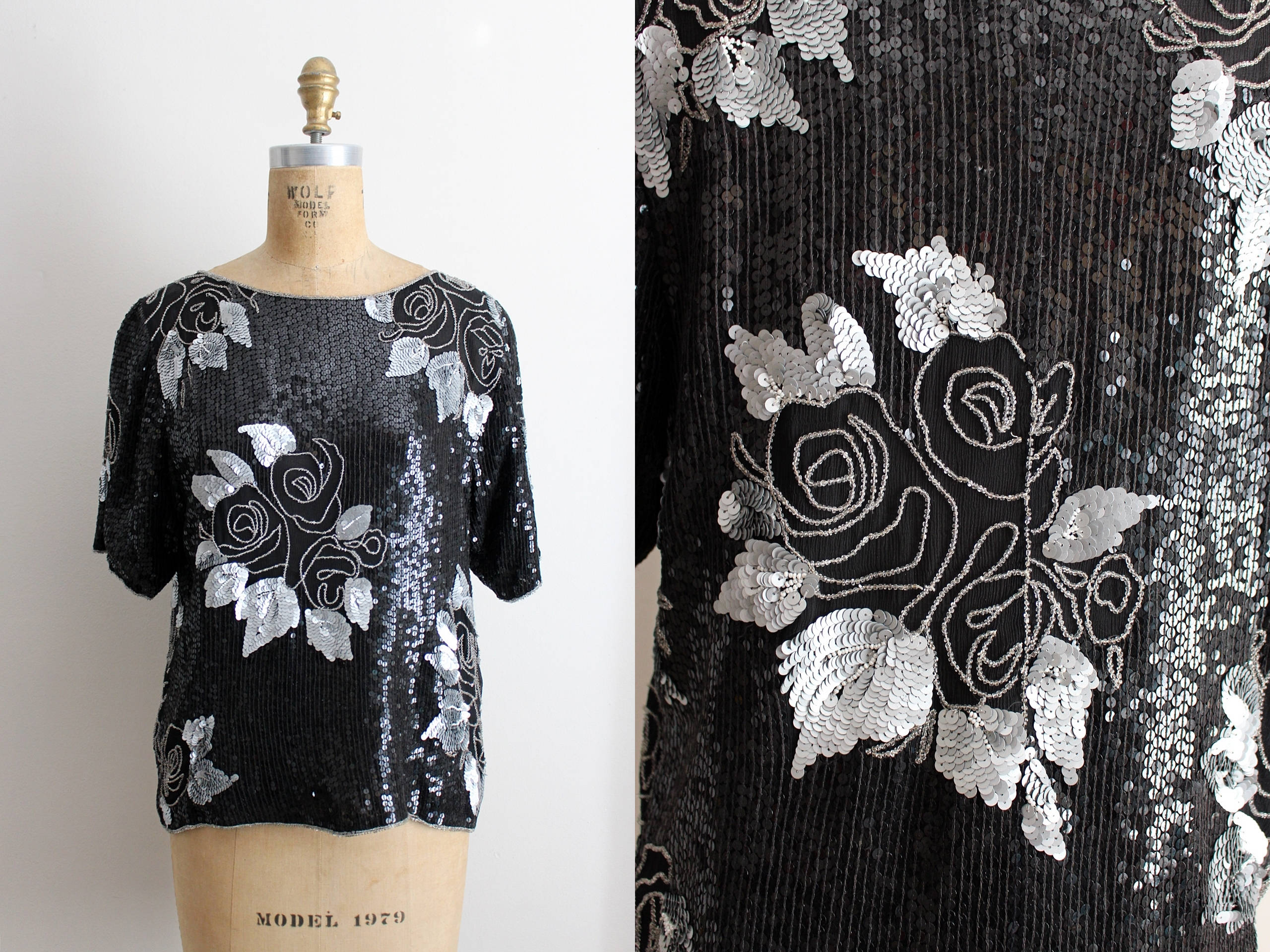 Vintage 80s Sequin Floral Top / Black and Silver Beaded Blouse / Art Deco Party Top /Silk Blouse / Size S/M