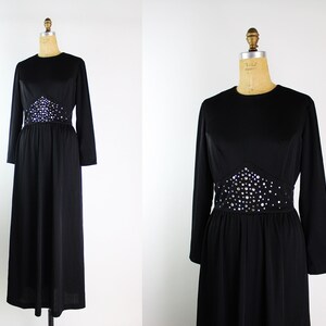 70er Jahre Schwarzes Maxi Kleid / Verziertes Kleid / Schwarzes Maxi Kleid / Größe M/L