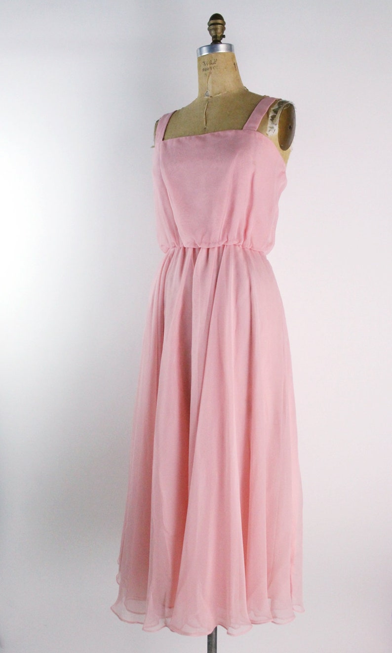 70s Pink Flowy Dress / Pink Midi Dress / Pink Party Maxi Dress / Pink Rose Dress / Pink Wedding Dress / Vintage Cocktail Dress Size M/L image 2