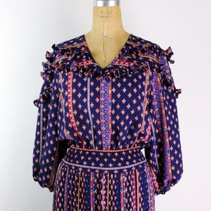 Diane Freis ダイアンフライス シルクアート油絵風アンティークスカート 70s Diane freis off white × leaf floral frilled dress