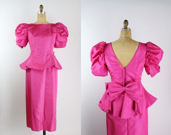 80s Pink Barbie Bow Dress / Maxi Dress / Hot pink Dress / 80s Peplum Dress/ Prom Dress / Vintage Pink Dress/ Size S/M