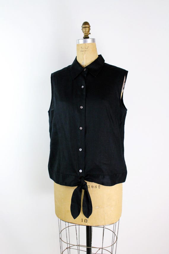 90s Black Linen Sleeveless Shirt / Linen / Summer / Y2K Black