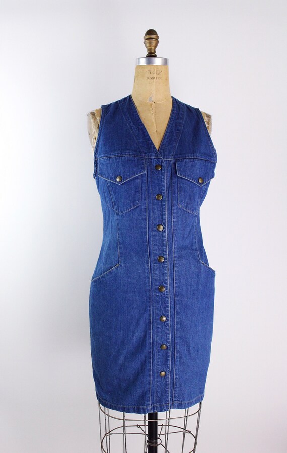 80s Ann Taylor Fitted Jean Dress/ Pinafore Dress … - image 4