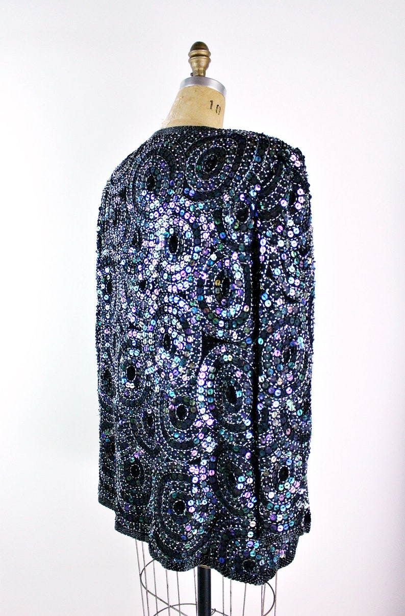 80s Sequined Black jacket / 80s Geometric Beaded Jacket / Party Jacket / Cardigan/ Size M/L image 10