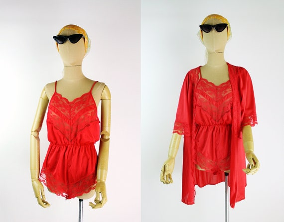 70s Red JC Penney Teddy Nylon Lace Bodysuit and R… - image 1