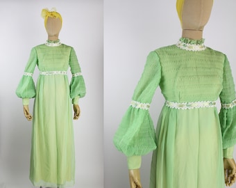 70s Green Balloon Sleeves Maxi Dress / Size XXS-XS