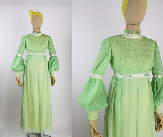 70s Green Balloon Sleeves Maxi Dress / Size XXS-XS - image 1