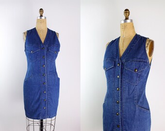 80s Ann Taylor Fitted Jean Dress/ Pinafore Dress / Denim Dress /Denim Duster / Size S/M