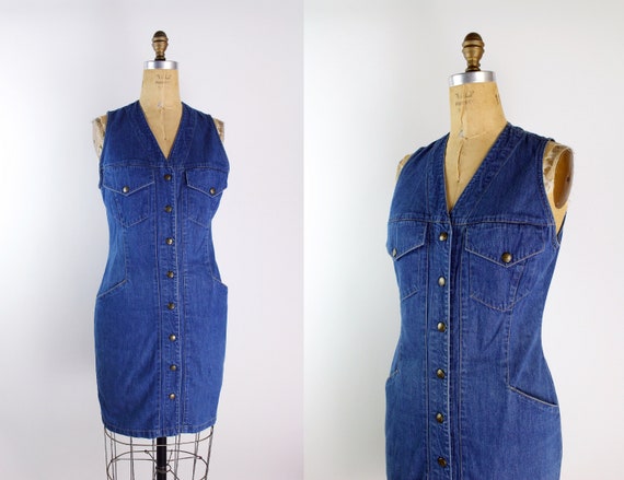 80s Ann Taylor Fitted Jean Dress/ Pinafore Dress … - image 1