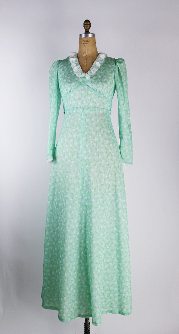 70s Green Floral Maxi Dres / Prairie Dress / Boho… - image 3