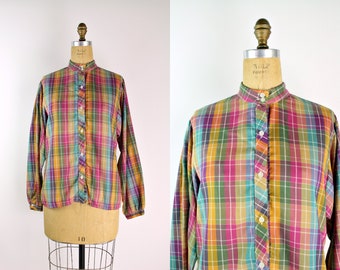 70s Rainbow Plaid Shirt / Western Blouse / Size M/L