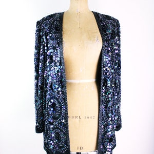 80s Sequined Black jacket / 80s Geometric Beaded Jacket / Party Jacket / Cardigan/ Size M/L image 8