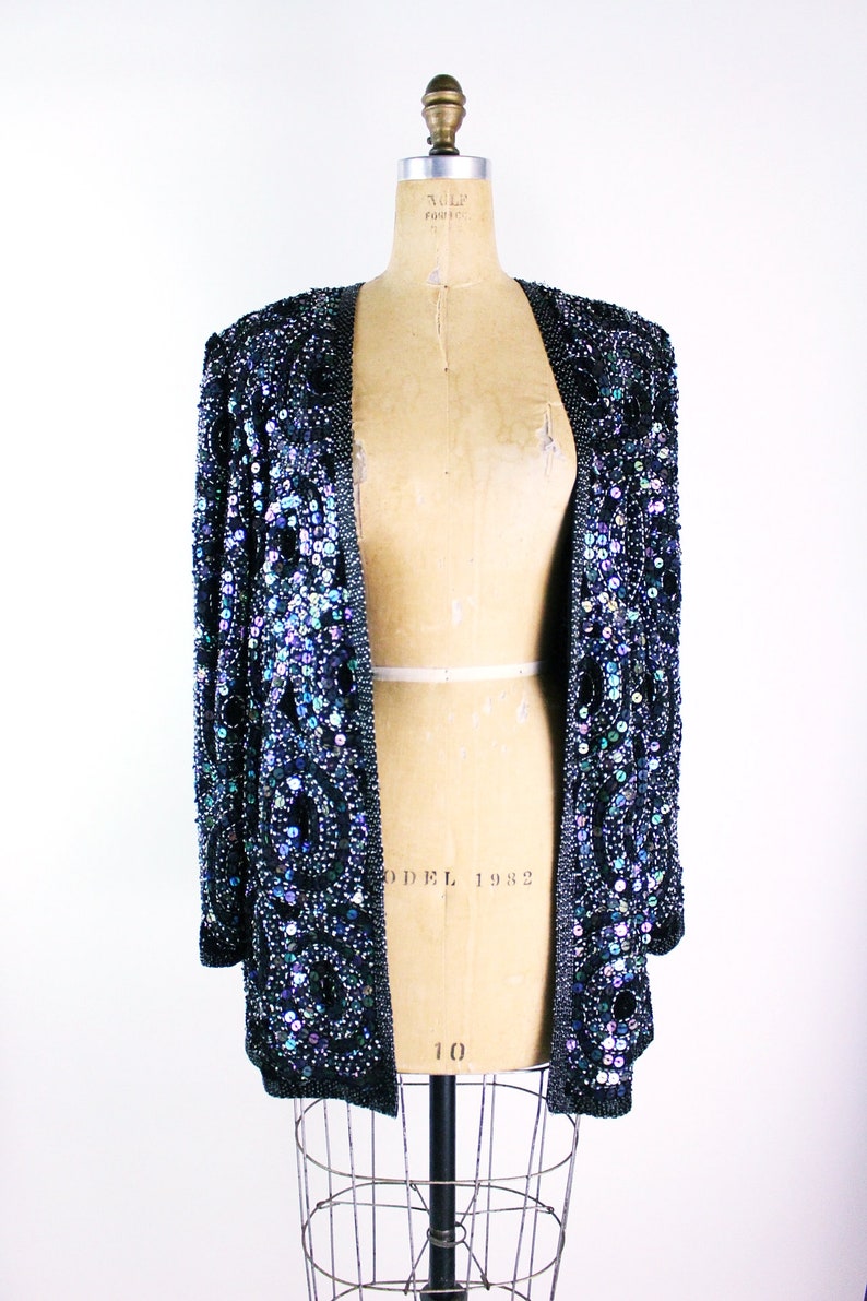 80s Sequined Black jacket / 80s Geometric Beaded Jacket / Party Jacket / Cardigan/ Size M/L image 8