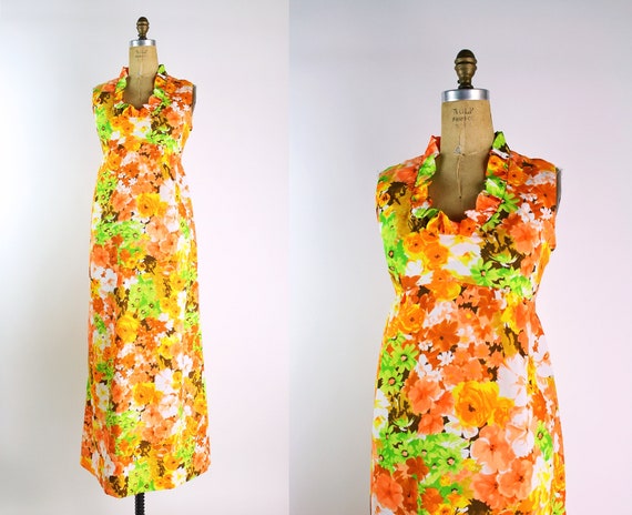 60s Floral Orange Yellow Dress / Hawaiian Dress /… - image 1