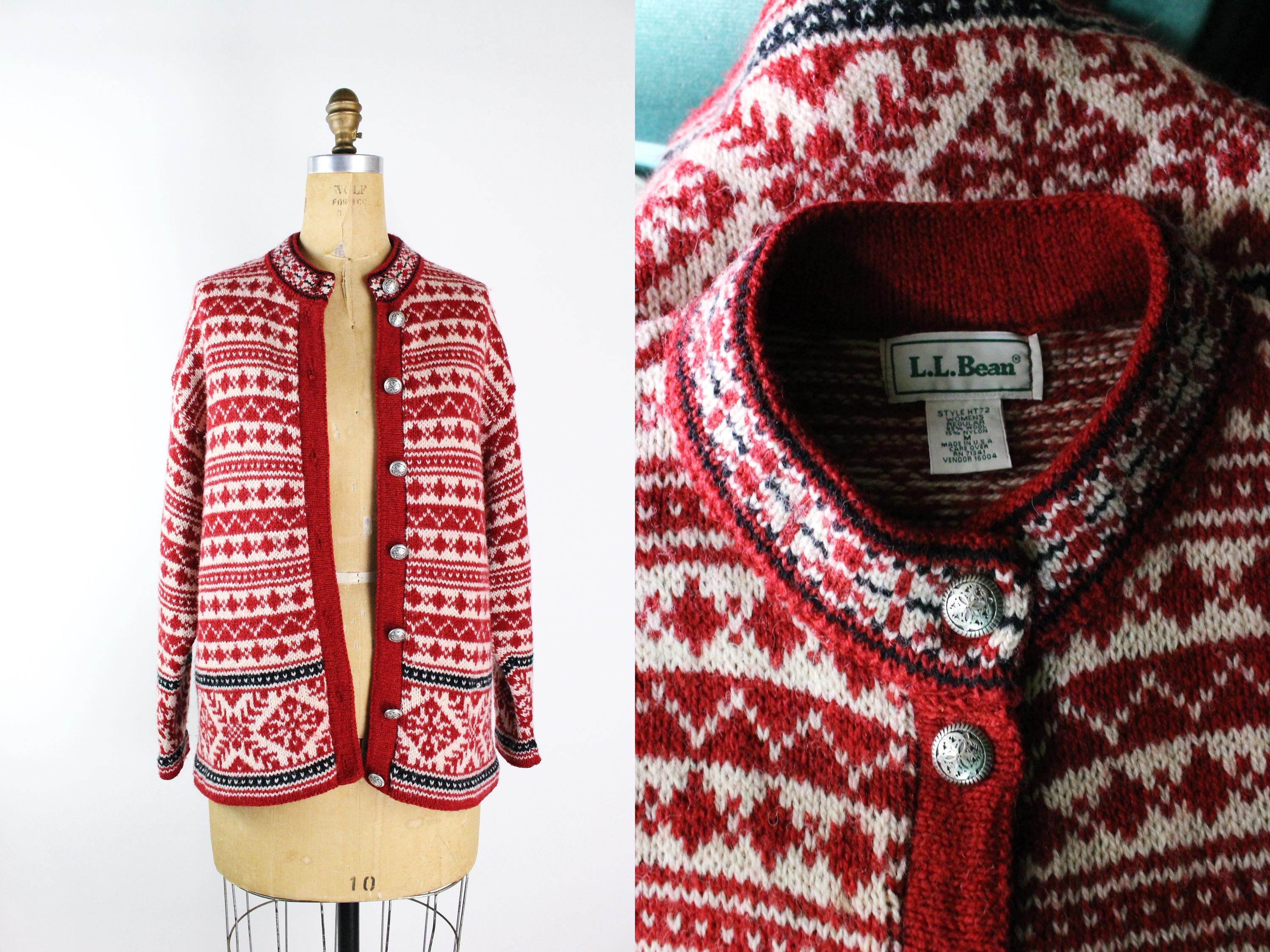 Vintage LL Bean 90s Sweater /Nordic Fair Isle Cardigan / LL Bean Wool Sweater/ Size S/M