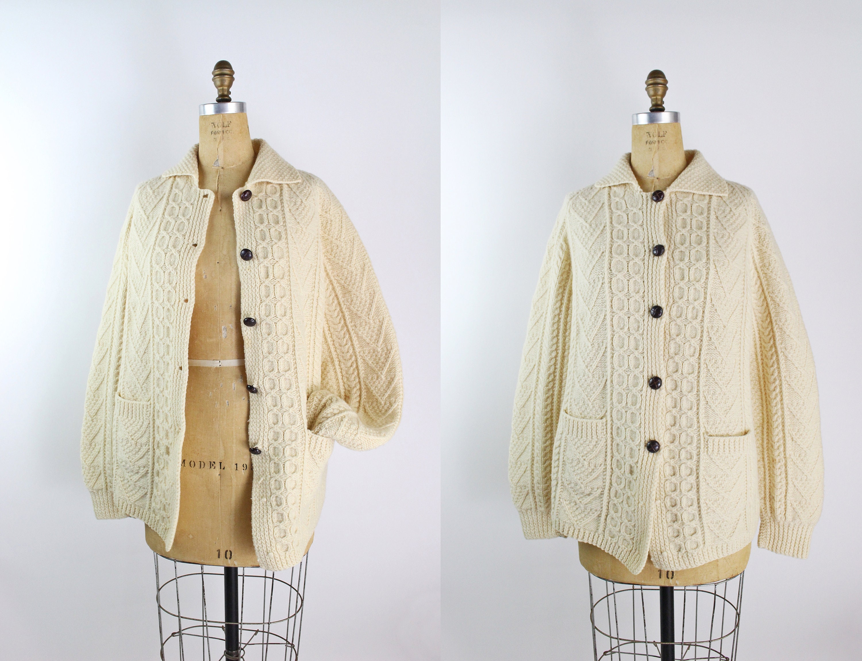 Vintage Wool Fisherman Sweater Cardigan/ Chunky Wool Sweater