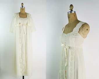 60s Shadowline Wedding Lingerie Set / Cream Peignoir set / Vintage Nightgown / Vintage Robe / Slips / Size XS/S