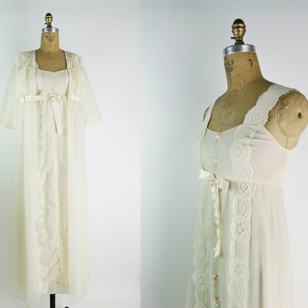 60s Shadowline Wedding Lingerie Set / Cream Peignoir set / Vintage Nightgown / Vintage Robe / Slips / Size XS/S