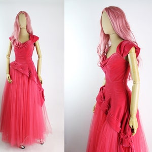 50s Red/Pink Cupcake Gown / Velvet Prom Dress / 50s Party Dress / Vintage Evening Gown /Size xxs.xs / FREE US SHIPPING image 1