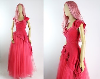 50s Red/Pink Cupcake Gown / Velvet Prom Dress / 50s Party Dress / Vintage Evening Gown /Size xxs.xs / FREE US SHIPPING