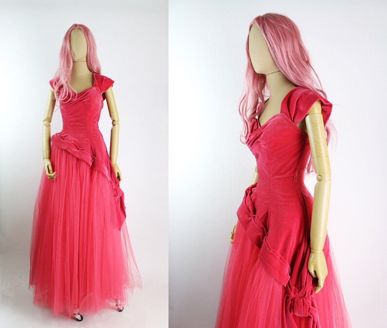 50s Red/Pink Cupcake Gown / Velvet Prom Dress / 50s Party Dress / Vintage Evening Gown /Size xxs.xs / FREE US SHIPPING image 1