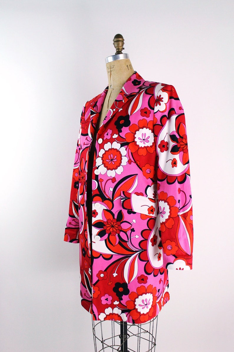 90s Pink and Red Flower Power Coat / 90s Cotton Jacket / Fuchsia Jacket /Size S/M image 3