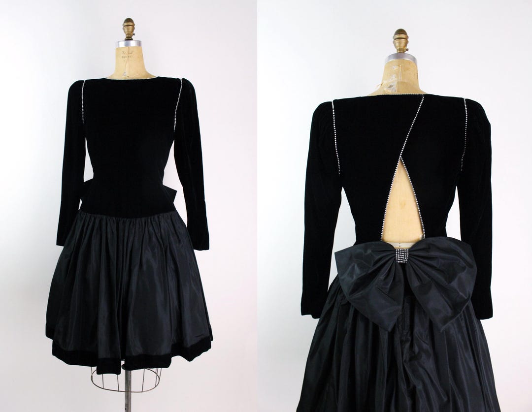 SOLD; 80s Debut black velvet cocktail dress with cream satin collar main image 0