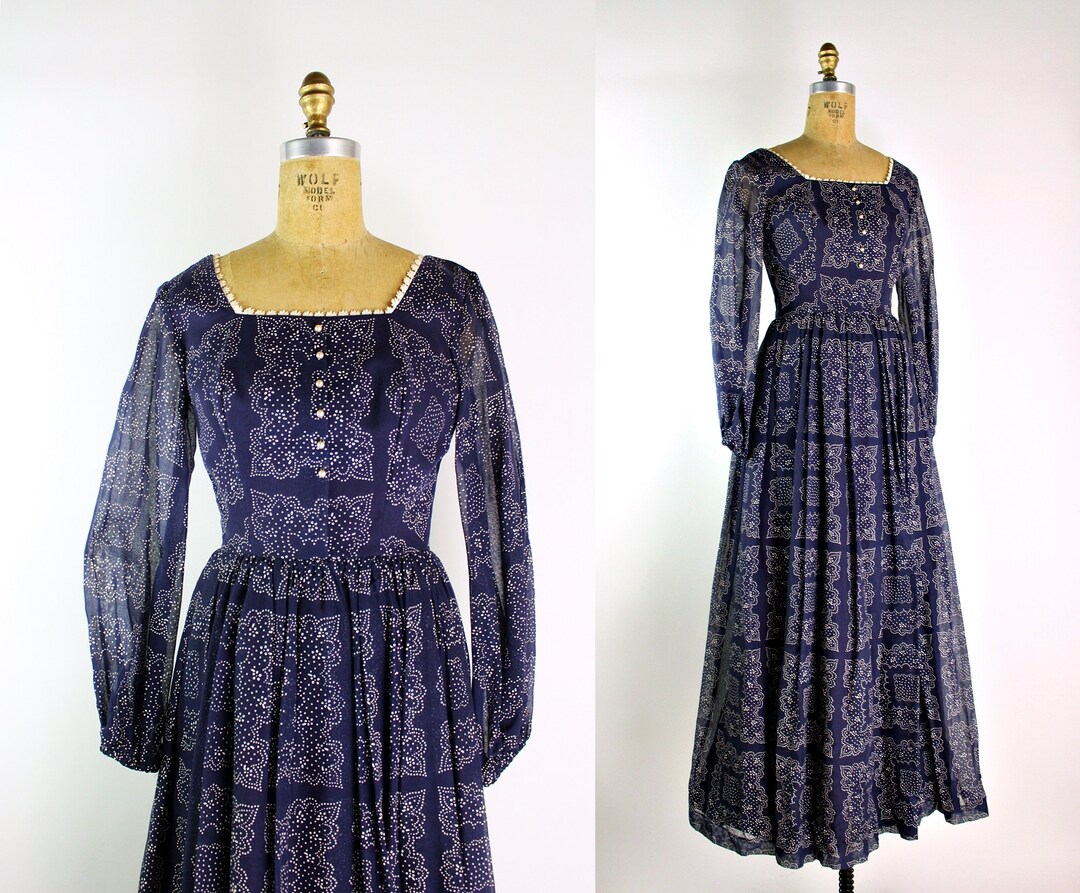 70s Blue Prairie Maxi Dress / 60s Maxi Dress / Mod /70s Boho Maxi Dress ...