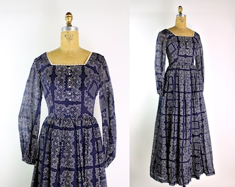 70年代ブループレーリーマキシドレス / 60年代マキシドレス / モッズ / 70年代ボヘミアンマキシドレス / ボヘミアンドレス / 米国送料無料