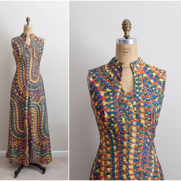 70s Leslie Fay Psychedelic Maxi Dress / Size M/L