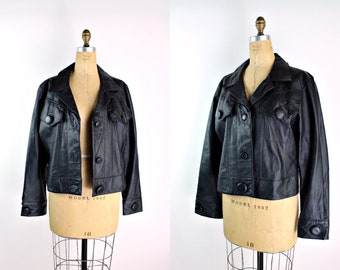 80s Black Leather Jacket / Leather Coat / Vintage Black Leather Jacket / Size M/L