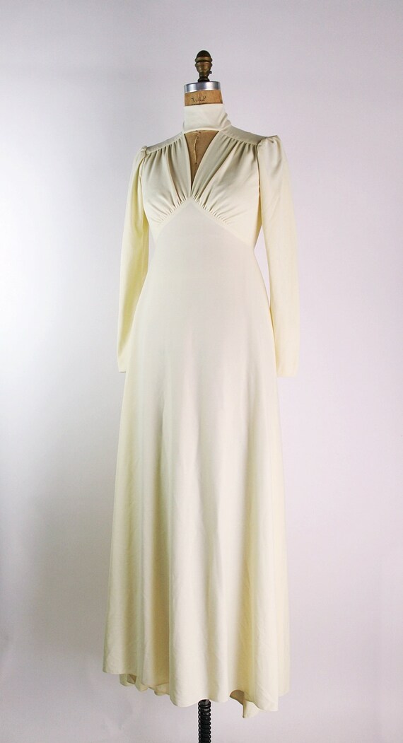 70s Boho Wedding Dress / High Neck Wedding Dress / 19… - Gem